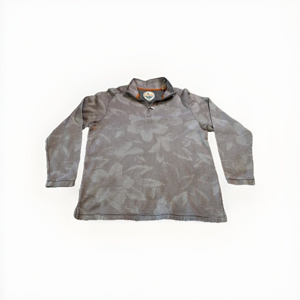 Tommy Bahama Mens Lrg Grey Striped Floral Tropical Quarter Zip Pullover Sweater